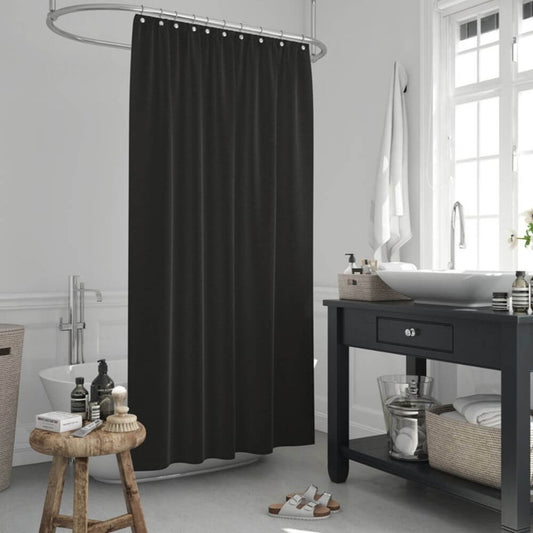 Priresa Zavesa za tuš BLACK 180x200 cm | Vodoodporna tekstilna kopalniška zavesa s potiskom + 12 plastičnih obročev