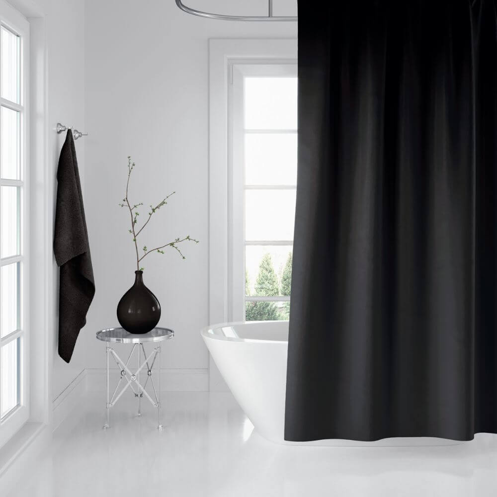 Priresa Zavesa za tuš BLACK 180x200 cm | Vodoodporna tekstilna kopalniška zavesa s potiskom + 12 plastičnih obročev