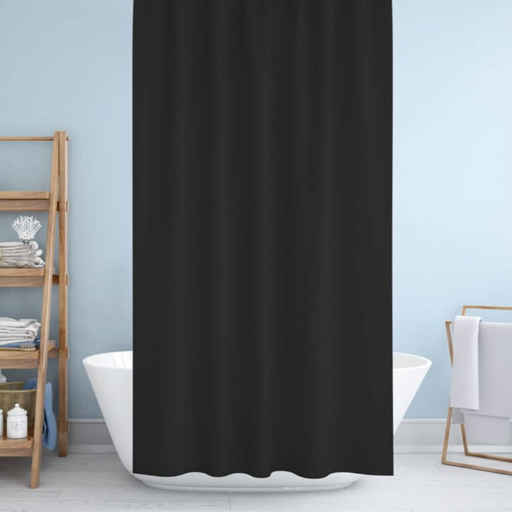 Priresa Zavesa za tuš BLACK 180x200 cm | Vodoodporna tekstilna kopalniška zavesa s potiskom + 12 plastičnih obročev