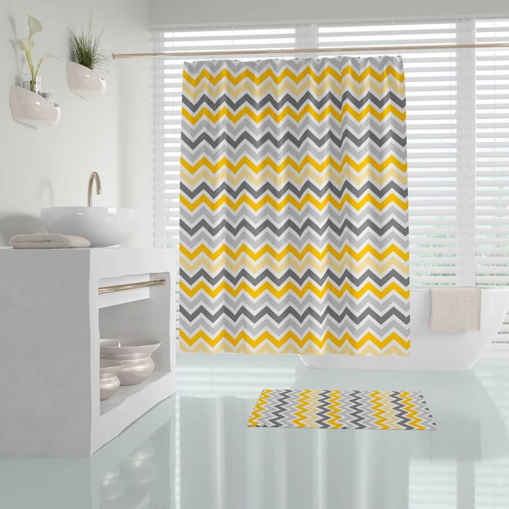 Priresa Zavesa za tuš CORNERPLAY 180x200 cm | Vodoodporna tekstilna kopalniška zavesa s potiskom + 12 plastičnih obročev