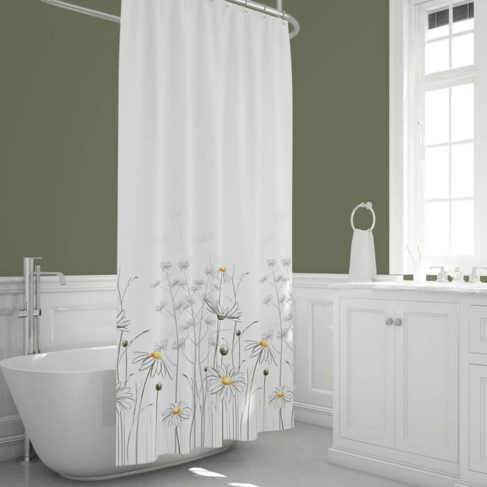 Priresa Zavesa za tuš DAISY 180x200 cm | Vodoodporna tekstilna kopalniška zavesa s potiskom + 12 plastičnih obročev