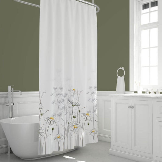 Priresa Zavesa za tuš DAISY 180x200 cm | Vodoodporna tekstilna kopalniška zavesa s potiskom + 12 plastičnih obročev