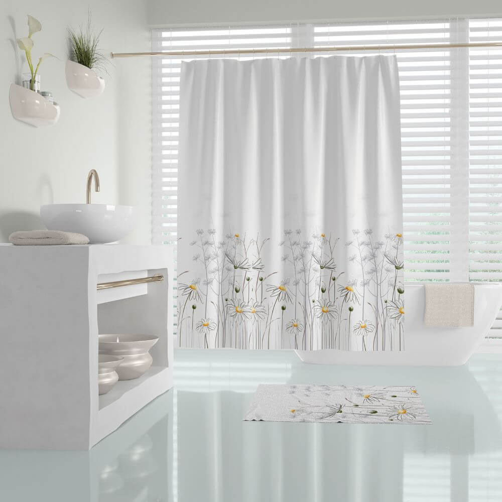 Priresa Zavesa za tuš DAISY 180x200 cm | Vodoodporna tekstilna kopalniška zavesa s potiskom + 12 plastičnih obročev