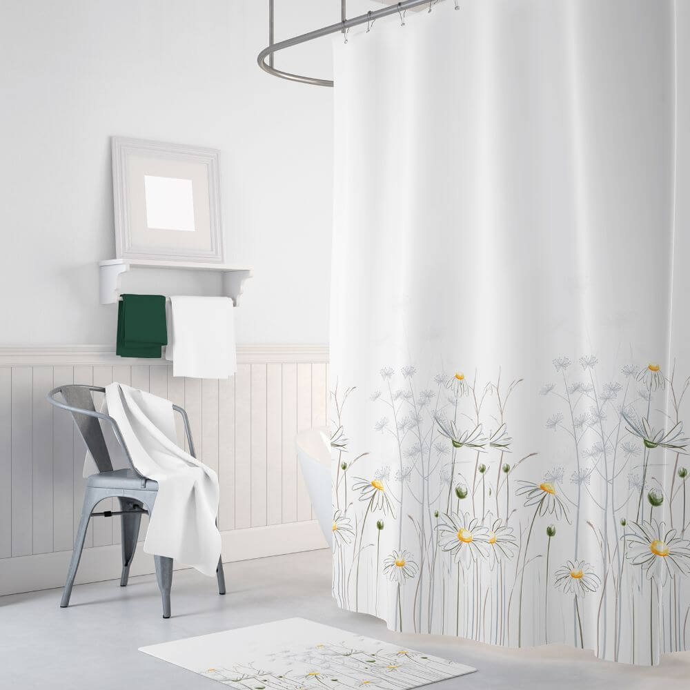 Priresa Zavesa za tuš DAISY 180x200 cm | Vodoodporna tekstilna kopalniška zavesa s potiskom + 12 plastičnih obročev