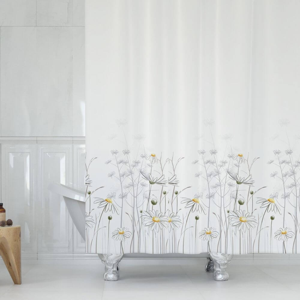 Priresa Zavesa za tuš DAISY 180x200 cm | Vodoodporna tekstilna kopalniška zavesa s potiskom + 12 plastičnih obročev