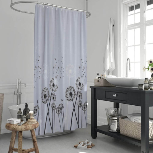 Priresa Zavesa za tuš DANDELLION 180x200 cm | Vodoodporna tekstilna kopalniška zavesa s potiskom + 12 plastičnih obročev