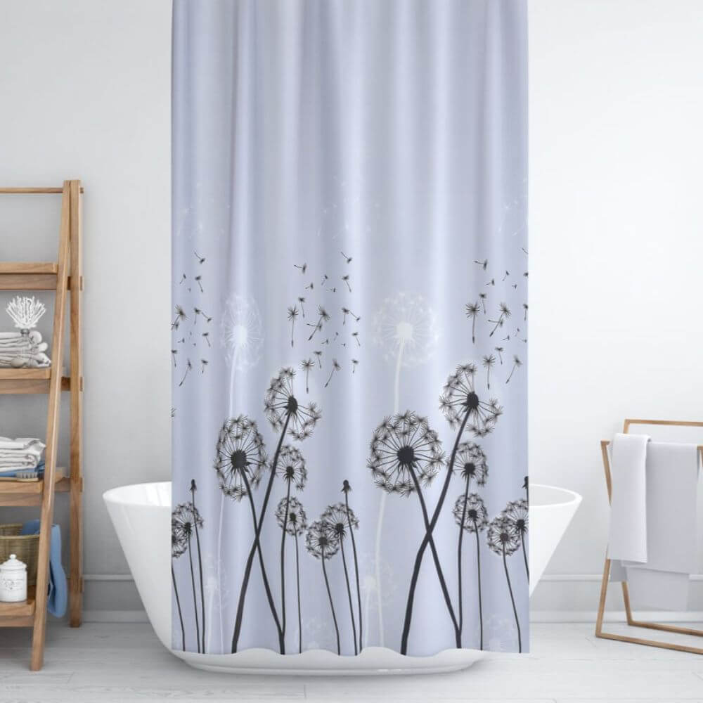 Priresa Zavesa za tuš DANDELLION 180x200 cm | Vodoodporna tekstilna kopalniška zavesa s potiskom + 12 plastičnih obročev