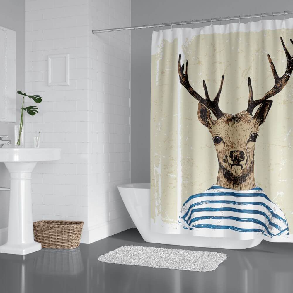 Priresa Zavesa za tuš DEAR 180x200 cm | Vodoodporna tekstilna kopalniška zavesa s potiskom + 12 plastičnih obročev