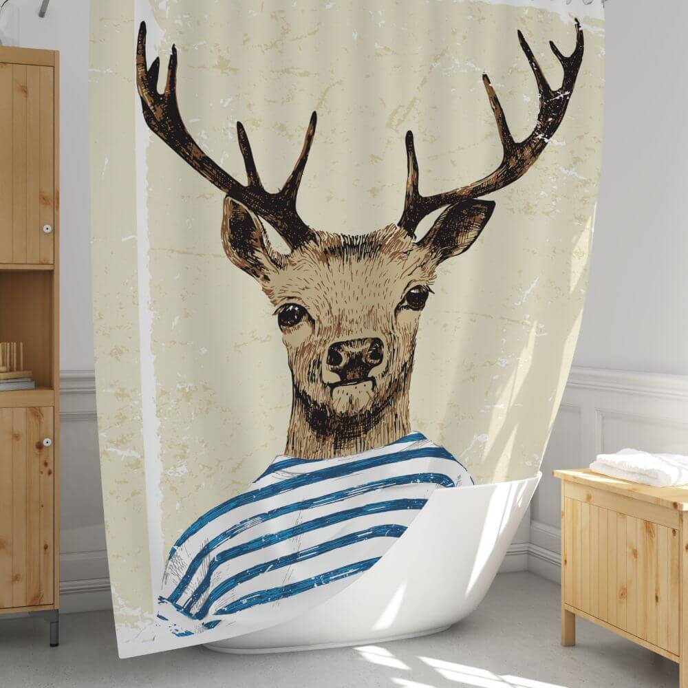 Priresa Zavesa za tuš DEAR 180x200 cm | Vodoodporna tekstilna kopalniška zavesa s potiskom + 12 plastičnih obročev