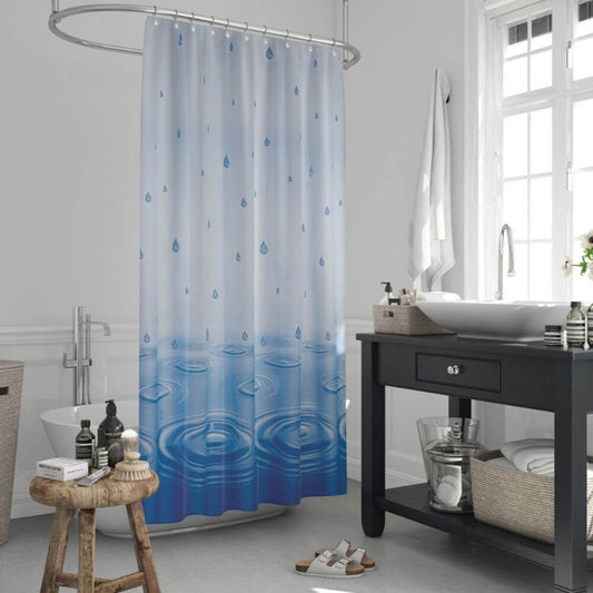Priresa Zavesa za tuš DROP 180x200 cm | Vodoodporna tekstilna kopalniška zavesa s potiskom + 12 plastičnih obročev