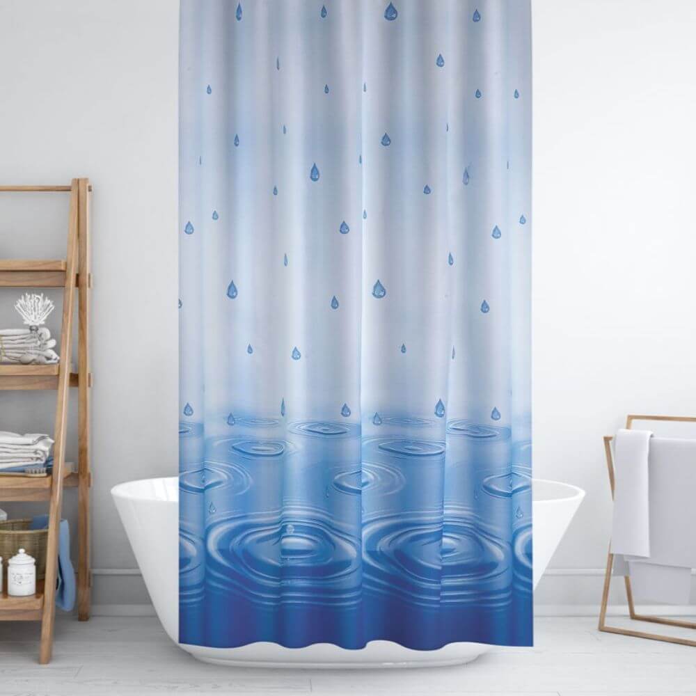 Priresa Zavesa za tuš DROP 180x200 cm | Vodoodporna tekstilna kopalniška zavesa s potiskom + 12 plastičnih obročev