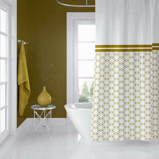 Zavesa za tuš GOLDEN 180x200 cm | Vodoodporna tekstilna kopalniška zavesa s potiskom + 12 plastičnih obročev