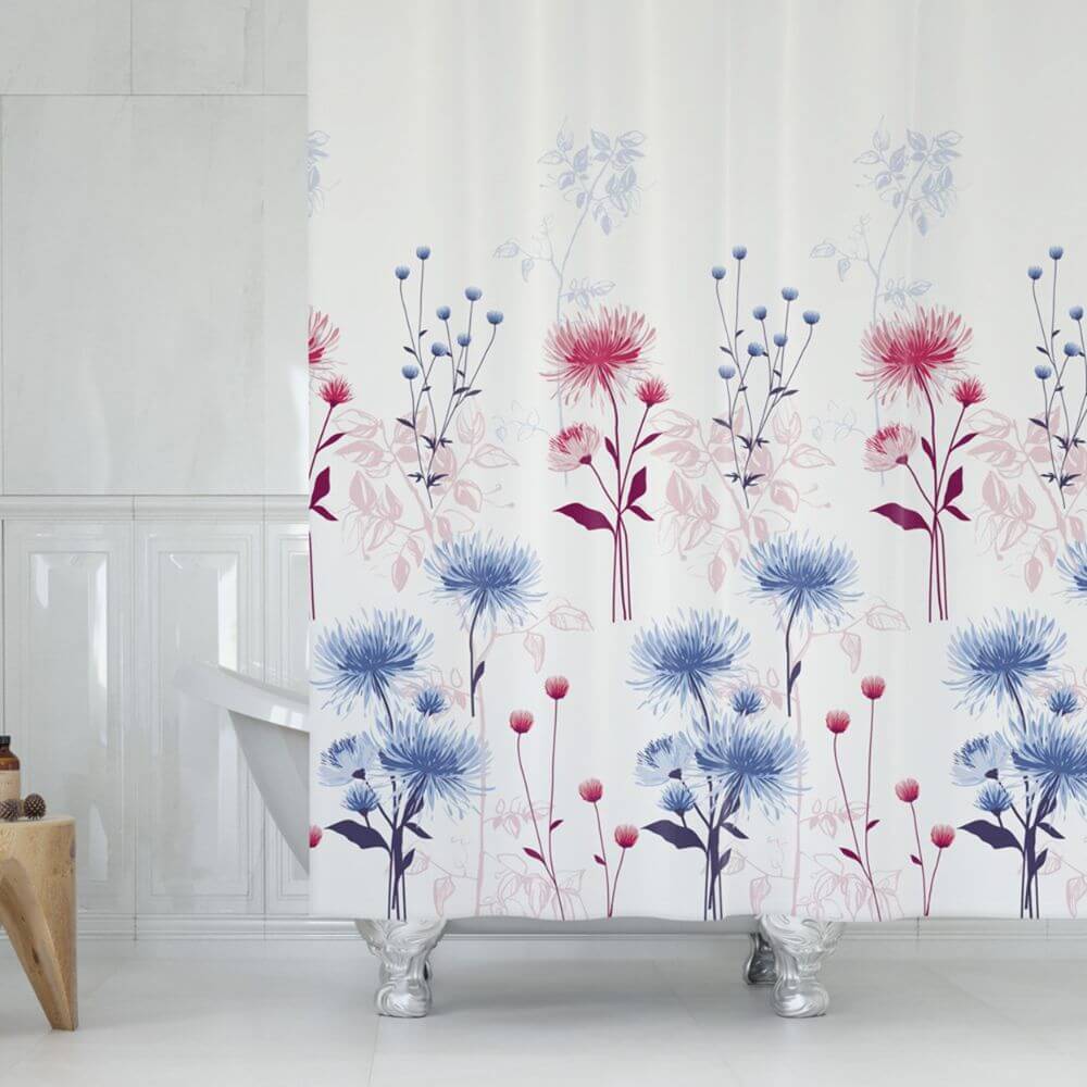 Zavesa za tuš JASIONE 180x200 cm | Vodoodporna tekstilna kopalniška zavesa s potiskom + 12 plastičnih obročev