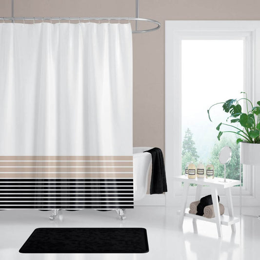 Zavesa za tuš LINE 180x200 cm | Vodoodporna tekstilna kopalniška zavesa s potiskom + 12 plastičnih obročev