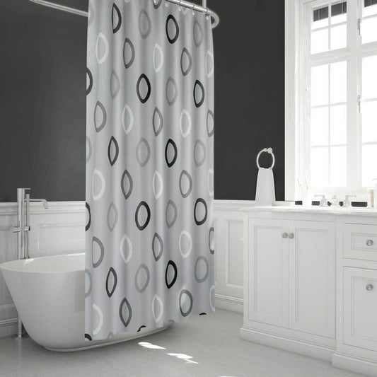 Zavesa za tuš RINGS 180x200 cm | Vodoodporna tekstilna kopalniška zavesa s potiskom + 12 plastičnih obročev