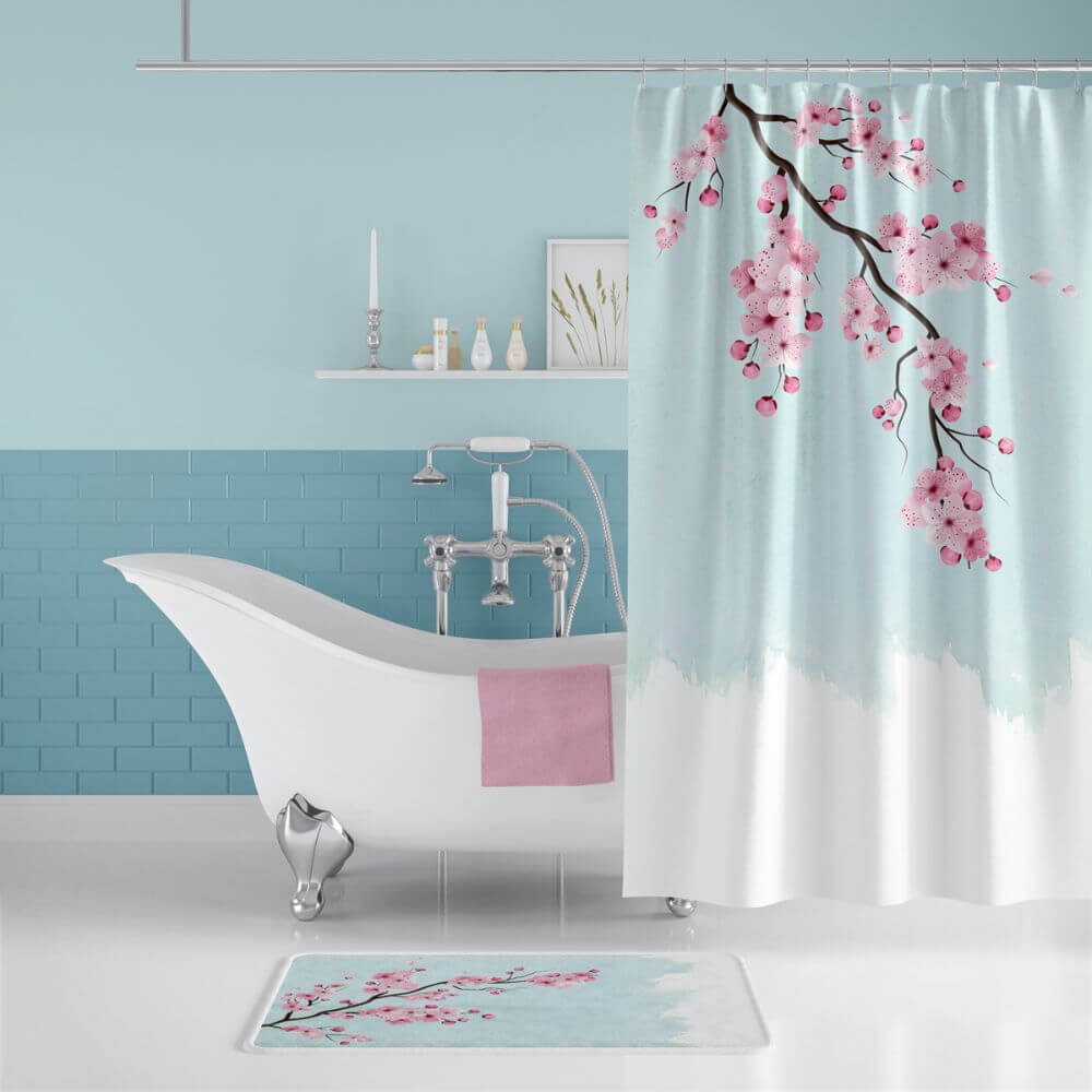 Zavesa za tuš SAKURA 180x200 cm | Vodoodporna tekstilna kopalniška zavesa s potiskom + 12 plastičnih obročev