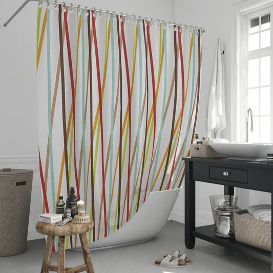 Zavesa za tuš STRIPE 180x200 cm | Vodoodporna tekstilna kopalniška zavesa s potiskom + 12 plastičnih obročev