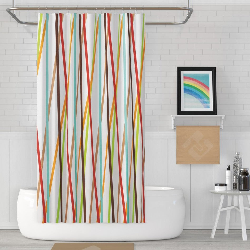 Zavesa za tuš STRIPE 180x200 cm | Vodoodporna tekstilna kopalniška zavesa s potiskom + 12 plastičnih obročev