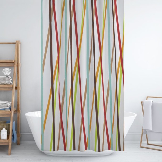 Zavesa za tuš STRIPE 180x200 cm | Vodoodporna tekstilna kopalniška zavesa s potiskom + 12 plastičnih obročev