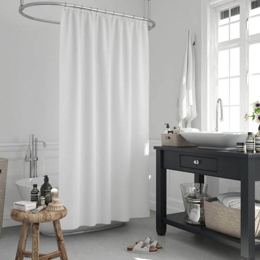 Priresa Zavesa za tuš WHITE 180x200 cm | Vodoodporna tekstilna kopalniška zavesa s potiskom + 12 plastičnih obročev