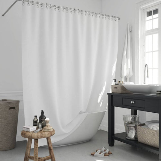 Priresa Zavesa za tuš WHITE 180x200 cm | Vodoodporna tekstilna kopalniška zavesa s potiskom + 12 plastičnih obročev