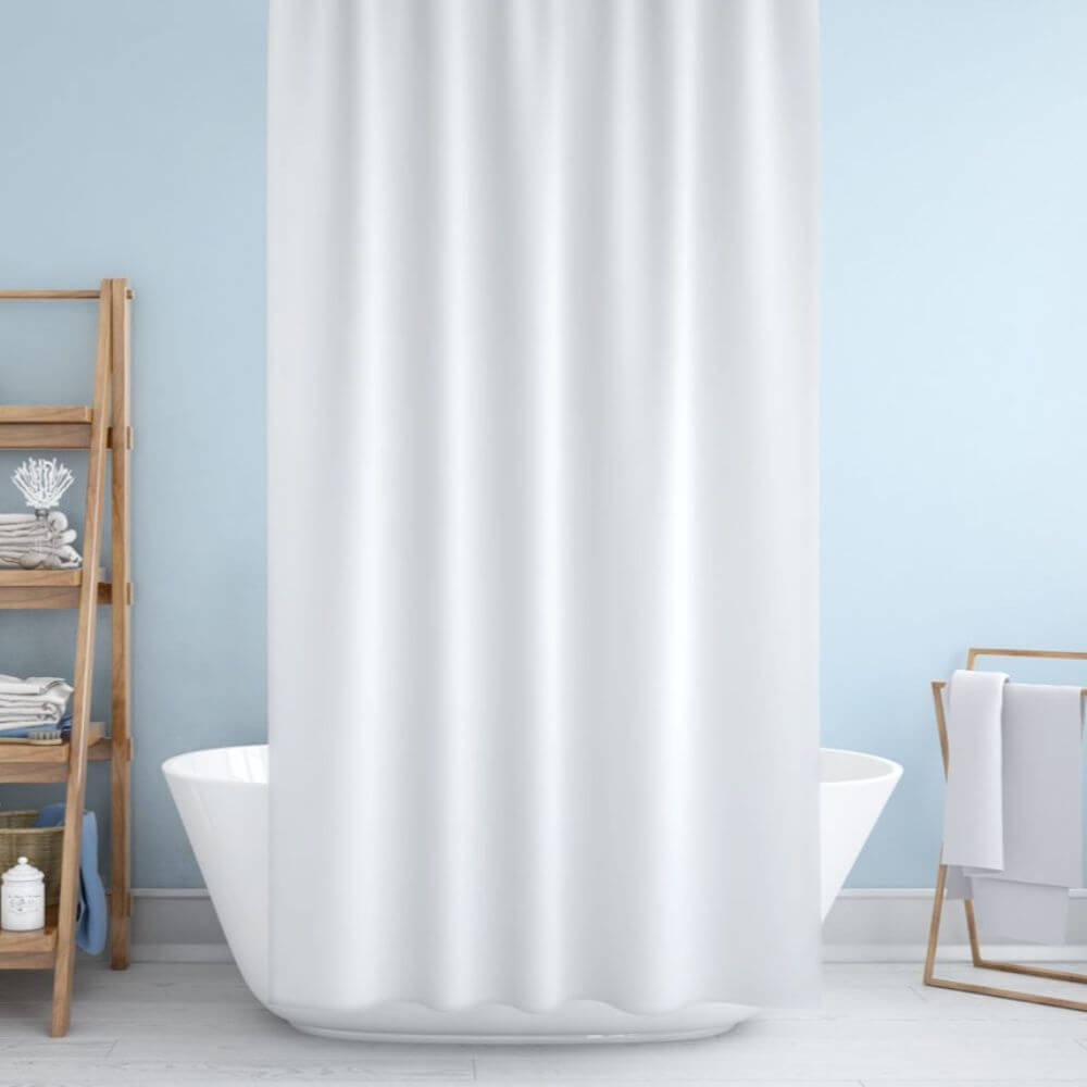 Priresa Zavesa za tuš WHITE 180x200 cm | Vodoodporna tekstilna kopalniška zavesa s potiskom + 12 plastičnih obročev