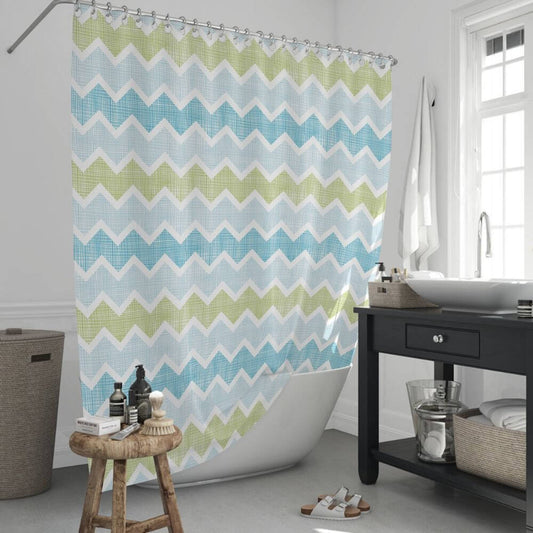 Zavesa za tuš ZIGZAK 180x200 cm | Vodoodporna tekstilna kopalniška zavesa s potiskom + 12 plastičnih obročev