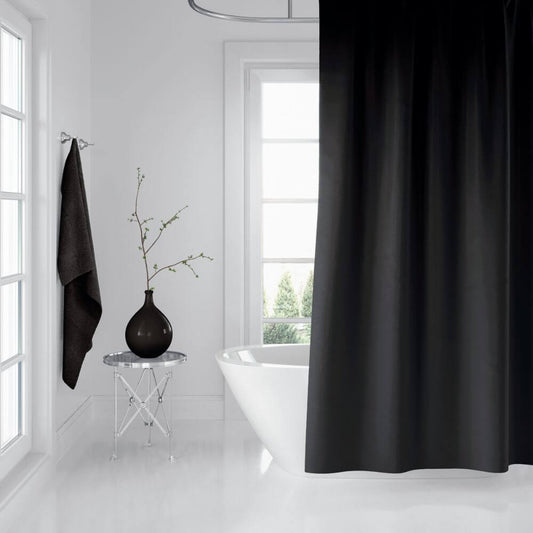 Priresa Zavesa za tuš BLACK 180x200 cm | Vodoodporna tekstilna kopalniška zavesa s potiskom + 12 plastičnih obročev