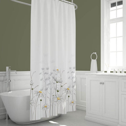 Priresa Zavesa za tuš DAISY 180x200 cm | Vodoodporna tekstilna kopalniška zavesa s potiskom + 12 plastičnih obročev