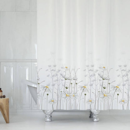 Priresa Zavesa za tuš DAISY 180x200 cm | Vodoodporna tekstilna kopalniška zavesa s potiskom + 12 plastičnih obročev