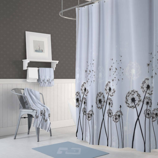 Priresa Zavesa za tuš DANDELLION 180x200 cm | Vodoodporna tekstilna kopalniška zavesa s potiskom + 12 plastičnih obročev