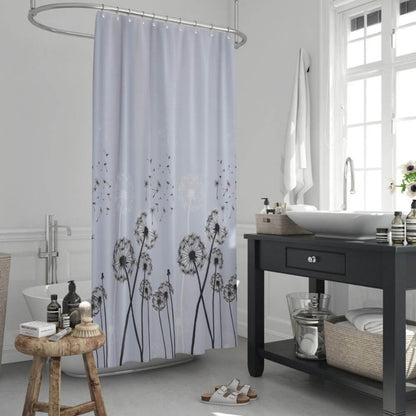 Priresa Zavesa za tuš DANDELLION 180x200 cm | Vodoodporna tekstilna kopalniška zavesa s potiskom + 12 plastičnih obročev