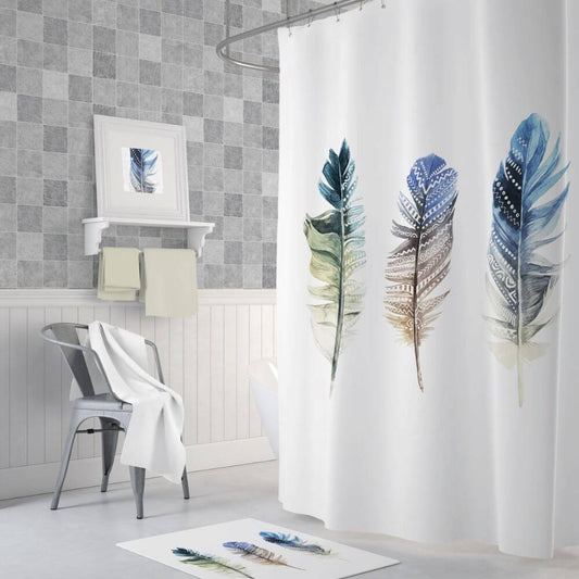 Zavesa za tuš PLUME 180x200 cm | Vodoodporna tekstilna kopalniška zavesa s potiskom + 12 plastičnih obročev
