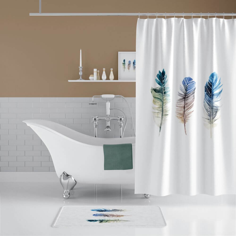 Zavesa za tuš PLUME 180x200 cm | Vodoodporna tekstilna kopalniška zavesa s potiskom + 12 plastičnih obročev