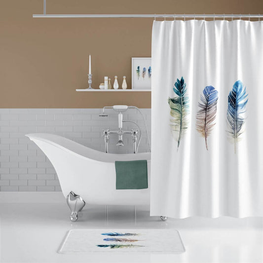 Zavesa za tuš PLUME 180x200 cm | Vodoodporna tekstilna kopalniška zavesa s potiskom + 12 plastičnih obročev
