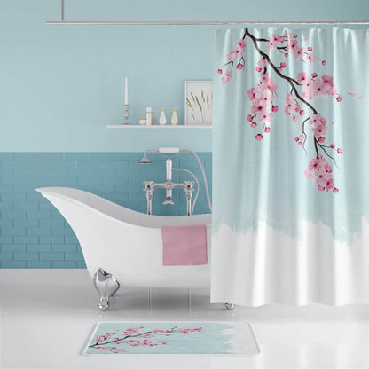 Zavesa za tuš SAKURA 180x200 cm | Vodoodporna tekstilna kopalniška zavesa s potiskom + 12 plastičnih obročev