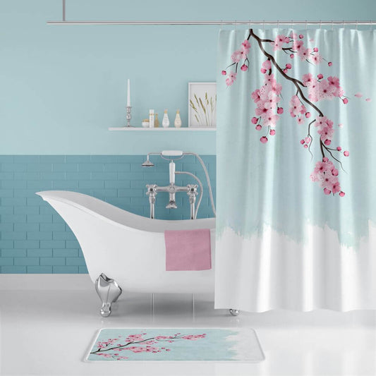 Zavesa za tuš SAKURA 180x200 cm | Vodoodporna tekstilna kopalniška zavesa s potiskom + 12 plastičnih obročev