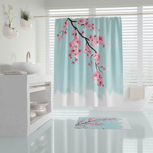 Zavesa za tuš SAKURA 180x200 cm | Vodoodporna tekstilna kopalniška zavesa s potiskom + 12 plastičnih obročev