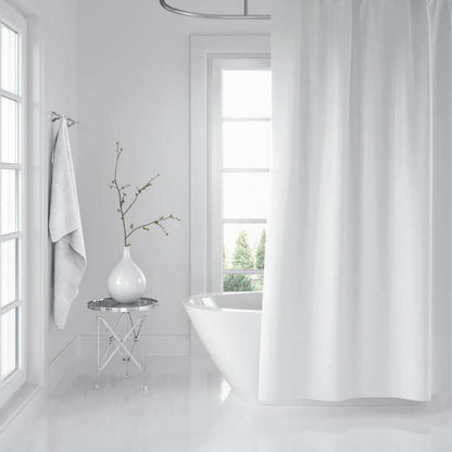 Priresa Zavesa za tuš WHITE 180x200 cm | Vodoodporna tekstilna kopalniška zavesa s potiskom + 12 plastičnih obročev