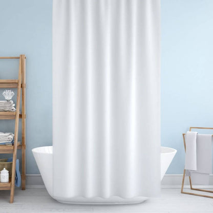 Priresa Zavesa za tuš WHITE 180x200 cm | Vodoodporna tekstilna kopalniška zavesa s potiskom + 12 plastičnih obročev